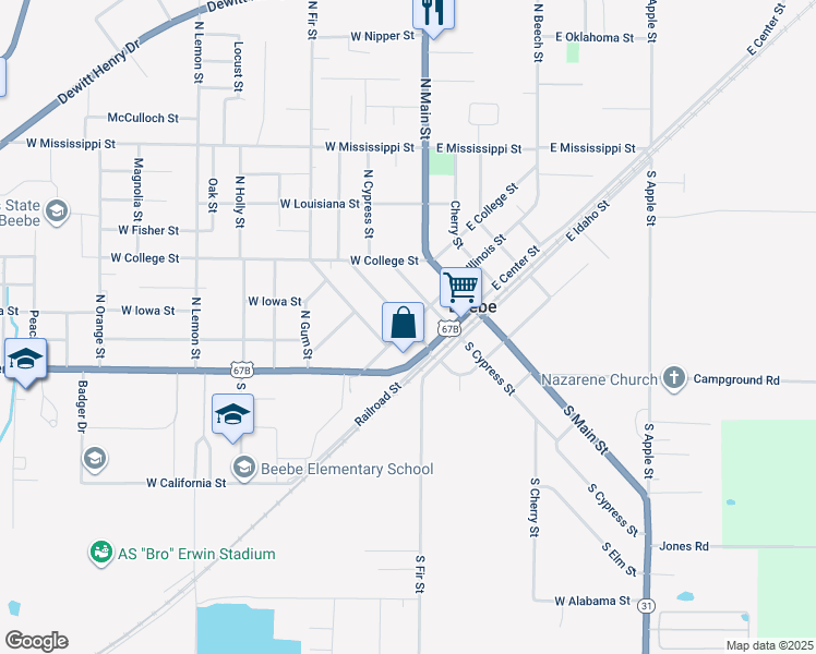 map of restaurants, bars, coffee shops, grocery stores, and more near 208 Elm Street North in Beebe