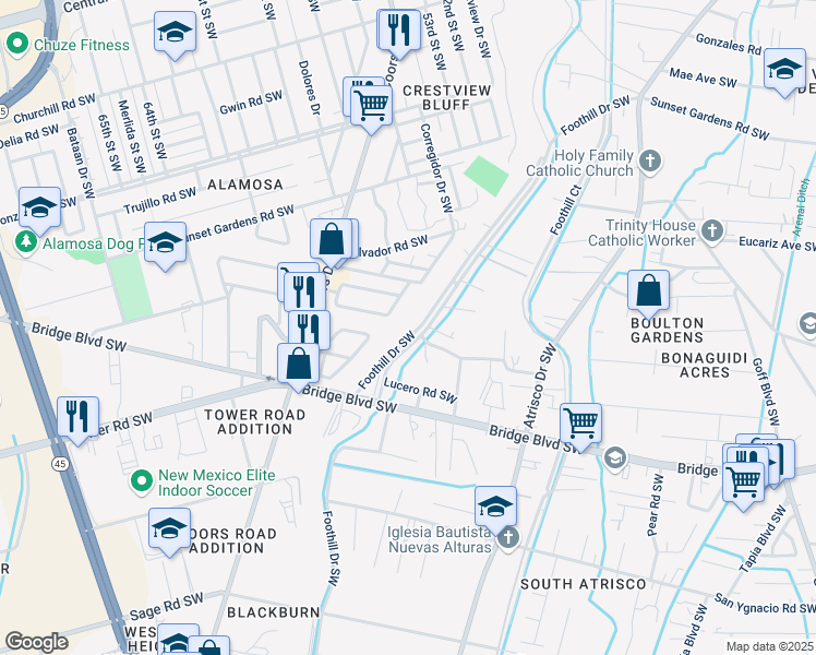 map of restaurants, bars, coffee shops, grocery stores, and more near 851 Foothill Drive Southwest in Albuquerque