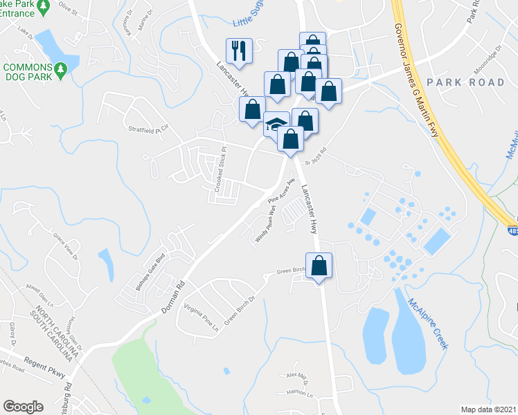map of restaurants, bars, coffee shops, grocery stores, and more near 12717 Dorman Road in Pineville