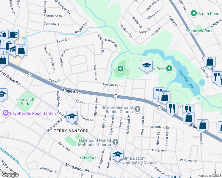 map of restaurants, bars, coffee shops, grocery stores, and more near 809 Cape Fear Avenue in Fayetteville