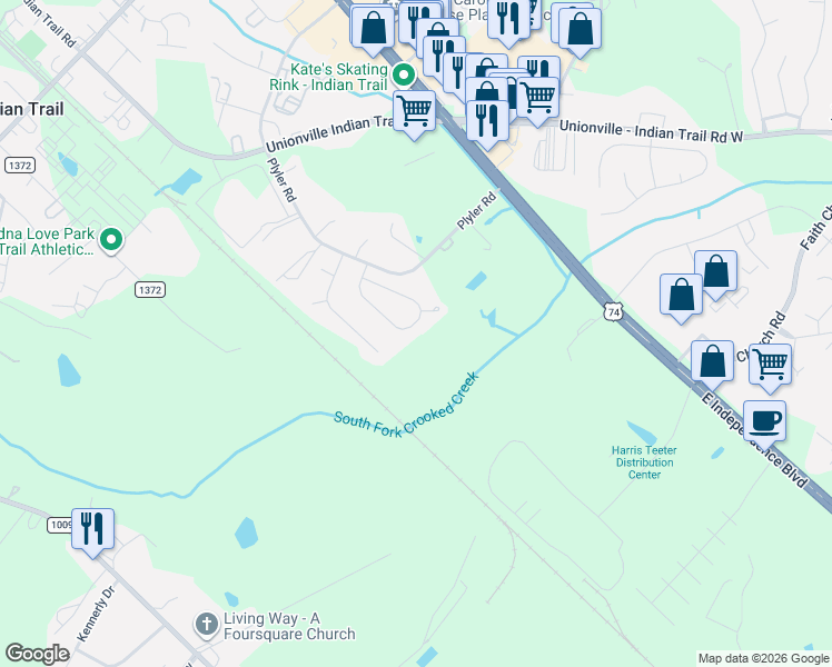 map of restaurants, bars, coffee shops, grocery stores, and more near 1035 Ridgefield Circle in Indian Trail