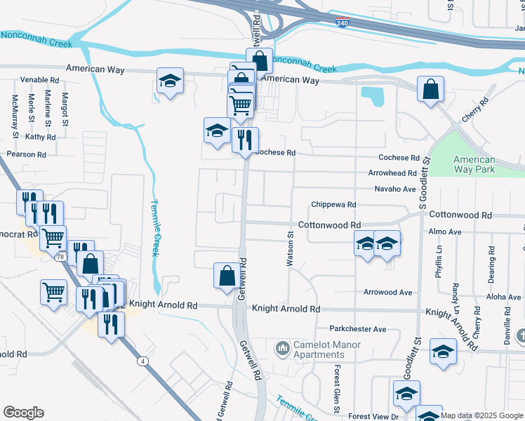 map of restaurants, bars, coffee shops, grocery stores, and more near 3973 Chippewa Road in Memphis