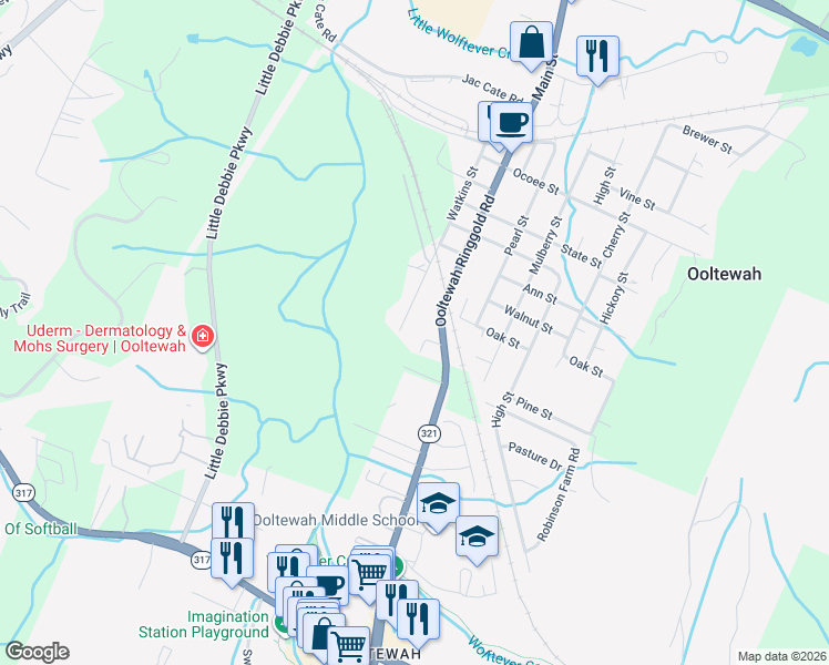 map of restaurants, bars, coffee shops, grocery stores, and more near 5416 Watkins Street in Ooltewah