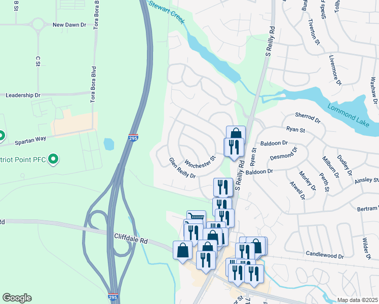 map of restaurants, bars, coffee shops, grocery stores, and more near 6831 Torrance Lane in Fayetteville