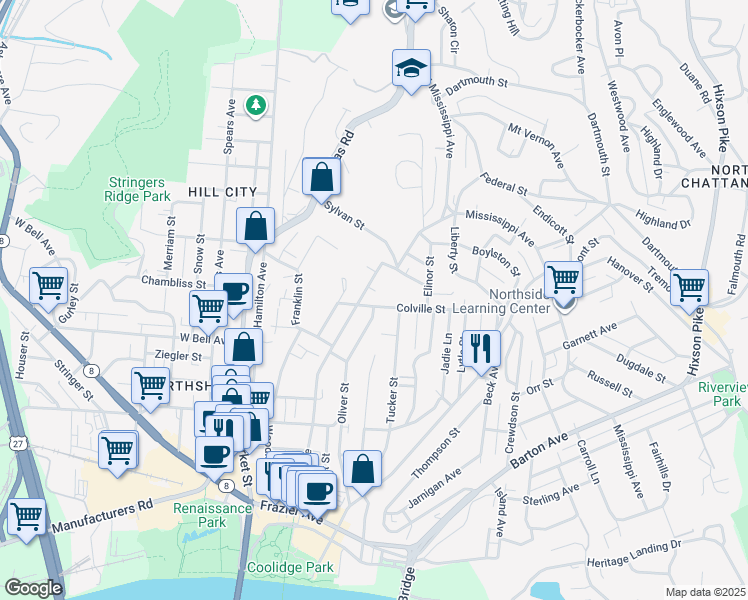 map of restaurants, bars, coffee shops, grocery stores, and more near 708 Forest Avenue in Chattanooga