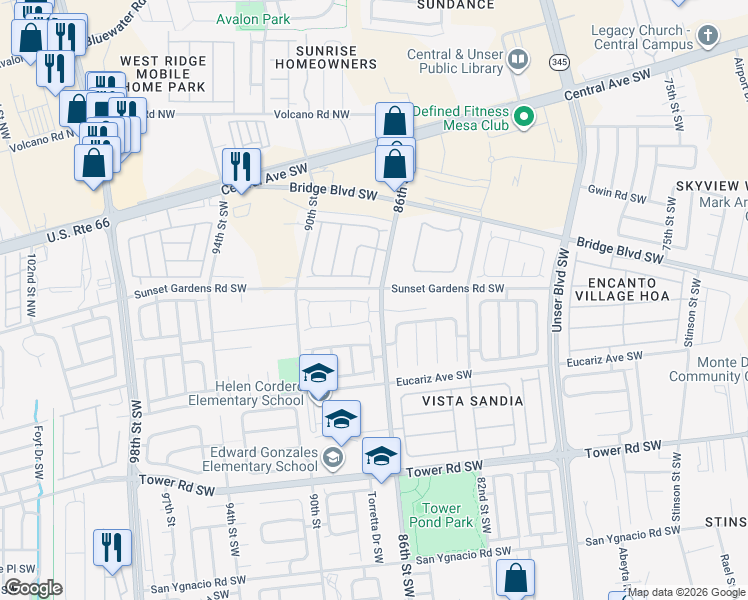 map of restaurants, bars, coffee shops, grocery stores, and more near 8719 Odin Road Southwest in Albuquerque