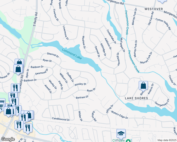 map of restaurants, bars, coffee shops, grocery stores, and more near 7255 Ryan Street in Fayetteville