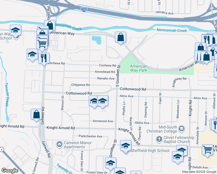 map of restaurants, bars, coffee shops, grocery stores, and more near 4236 Chippewa Road in Memphis