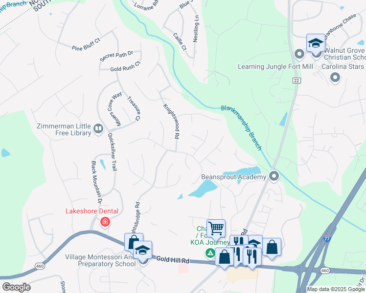 map of restaurants, bars, coffee shops, grocery stores, and more near 704 Knightswood Road in Fort Mill