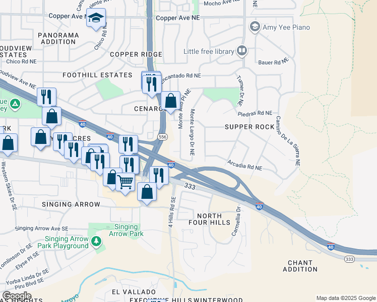 map of restaurants, bars, coffee shops, grocery stores, and more near 191 Monte Largo Drive Northeast in Albuquerque