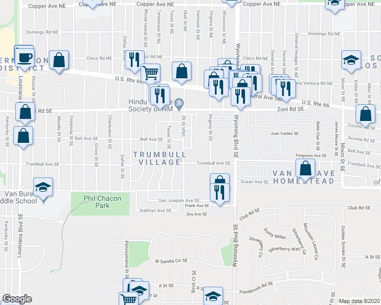 map of restaurants, bars, coffee shops, grocery stores, and more near 432 Bell Park Circle Southeast in Albuquerque