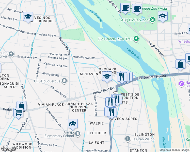 map of restaurants, bars, coffee shops, grocery stores, and more near 1295 Fairhaven Avenue Southwest in Albuquerque