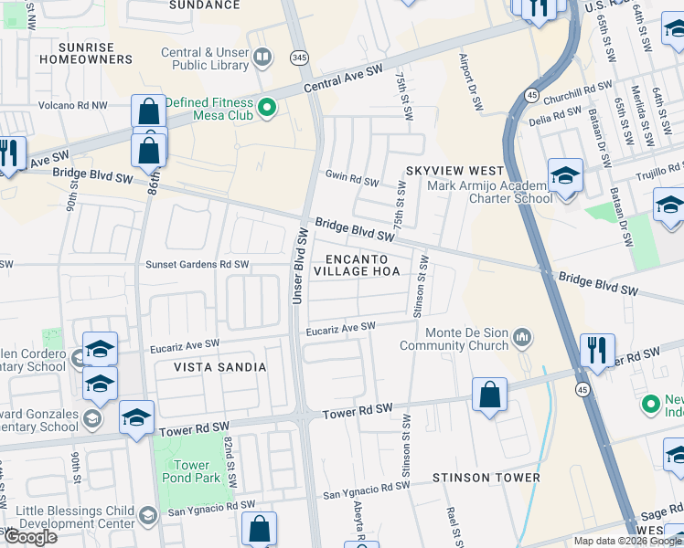 map of restaurants, bars, coffee shops, grocery stores, and more near 7616 Vía Belleza Southwest in Albuquerque