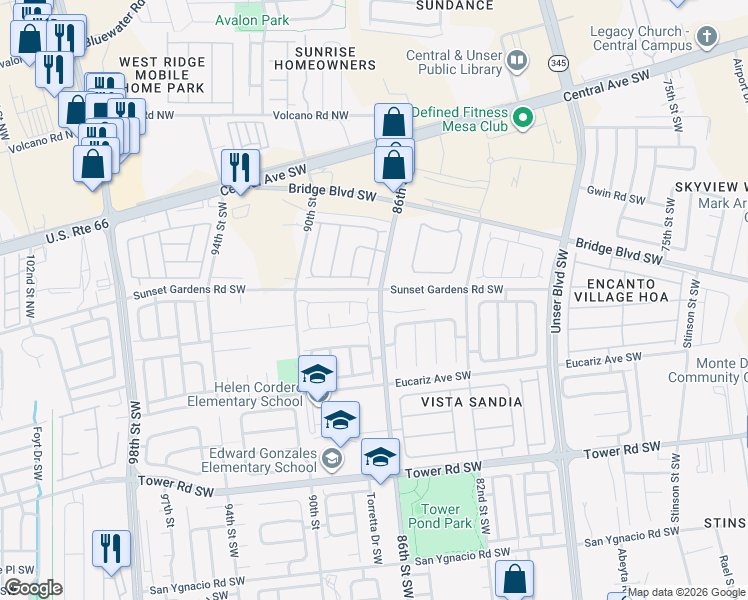 map of restaurants, bars, coffee shops, grocery stores, and more near 8719 Odin Road Southwest in Albuquerque