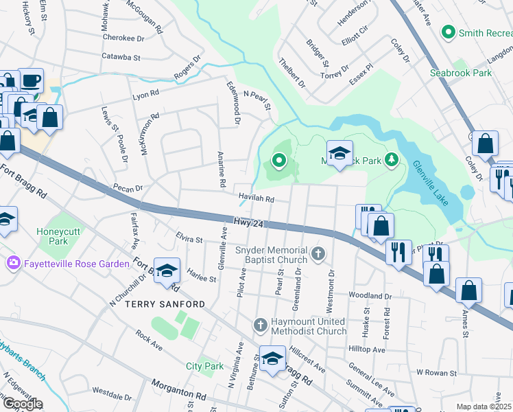 map of restaurants, bars, coffee shops, grocery stores, and more near 809 Cape Fear Avenue in Fayetteville