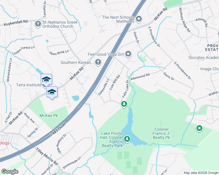 map of restaurants, bars, coffee shops, grocery stores, and more near 6310 Gatesville Lane in Charlotte