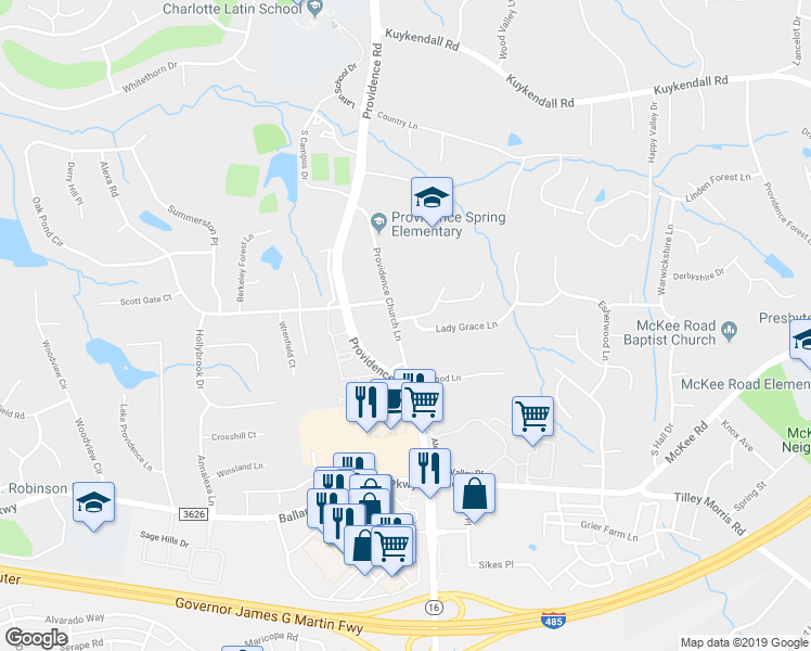 map of restaurants, bars, coffee shops, grocery stores, and more near 10303 Lady Grace Lane in Charlotte