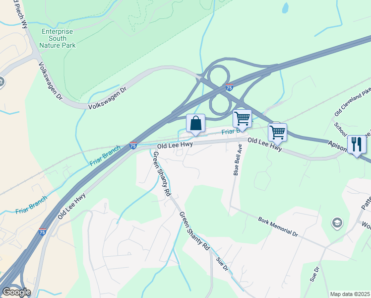 map of restaurants, bars, coffee shops, grocery stores, and more near 4748 Ranco Circle in Ooltewah