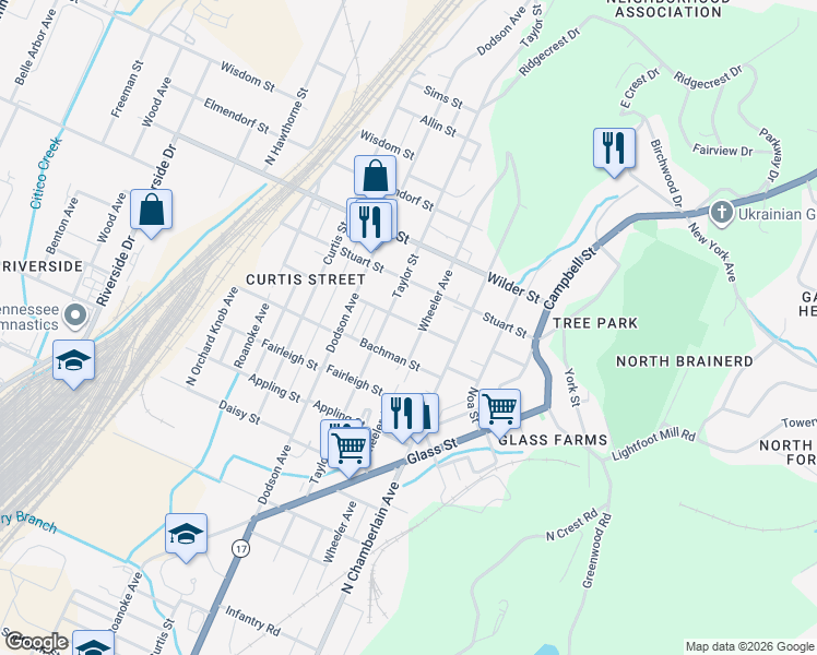 map of restaurants, bars, coffee shops, grocery stores, and more near 2814 Taylor Street in Chattanooga