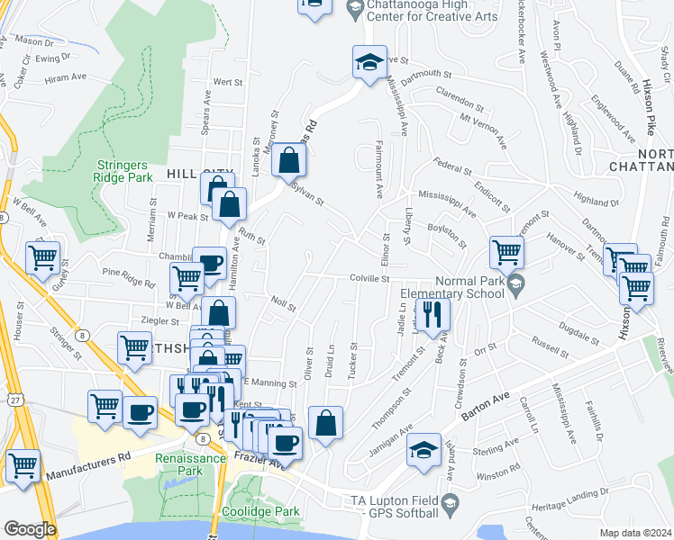 map of restaurants, bars, coffee shops, grocery stores, and more near 708 Forest Avenue in Chattanooga