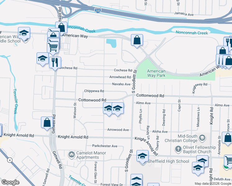 map of restaurants, bars, coffee shops, grocery stores, and more near 4195 Chippewa Road in Memphis