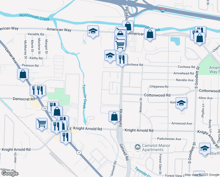 map of restaurants, bars, coffee shops, grocery stores, and more near 2893 Getwell Road in Memphis