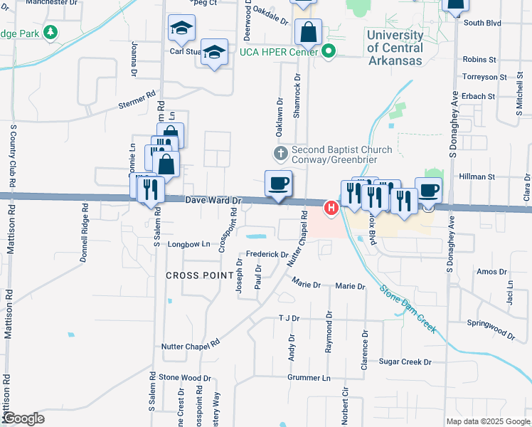 map of restaurants, bars, coffee shops, grocery stores, and more near 2603 Dave Ward Drive in Conway