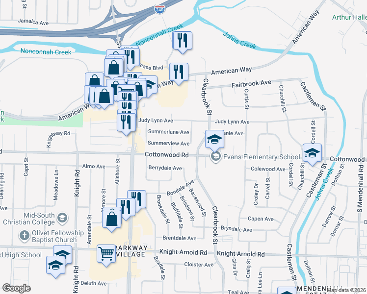map of restaurants, bars, coffee shops, grocery stores, and more near 4869 Summerview Avenue in Memphis