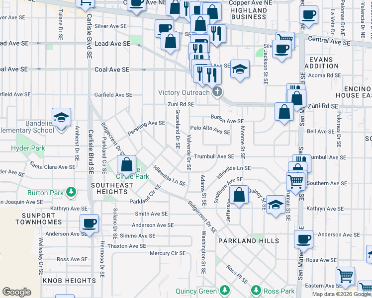 map of restaurants, bars, coffee shops, grocery stores, and more near 733 Valverde Drive Southeast in Albuquerque