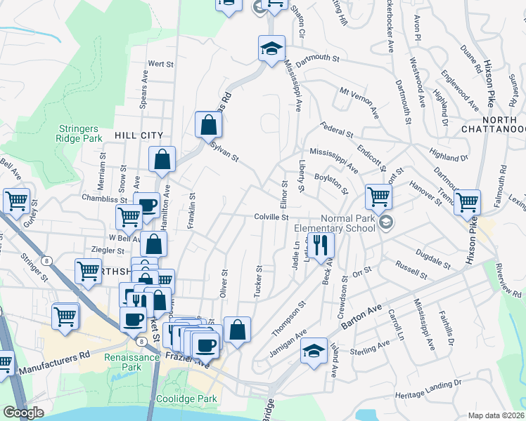 map of restaurants, bars, coffee shops, grocery stores, and more near 419 Colville Street in Chattanooga