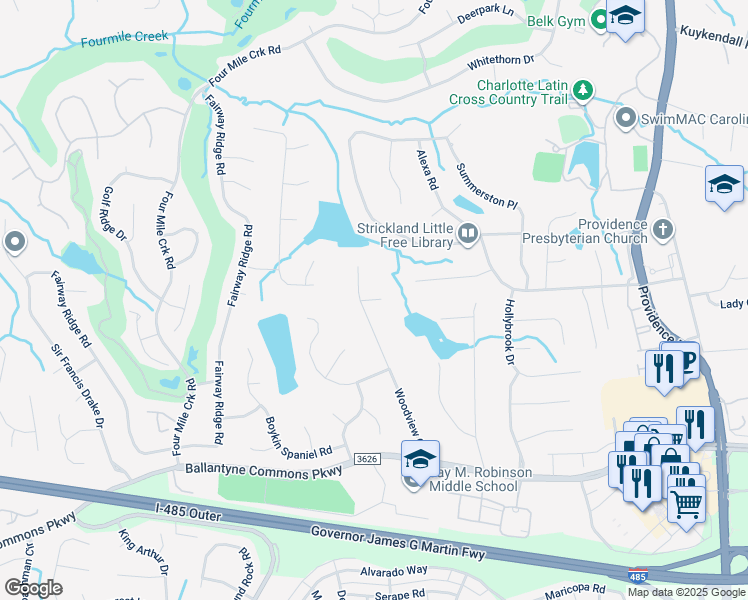 map of restaurants, bars, coffee shops, grocery stores, and more near 10402 Quail Chase Court in Charlotte
