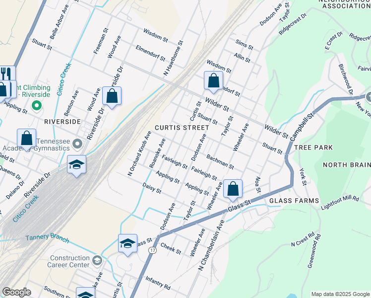 map of restaurants, bars, coffee shops, grocery stores, and more near 2104 Bachman Street in Chattanooga