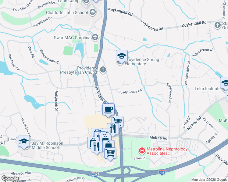 map of restaurants, bars, coffee shops, grocery stores, and more near 10303 Lady Grace Lane in Charlotte