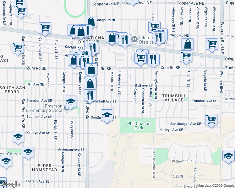 map of restaurants, bars, coffee shops, grocery stores, and more near 523 Espanola Street Southeast in Albuquerque