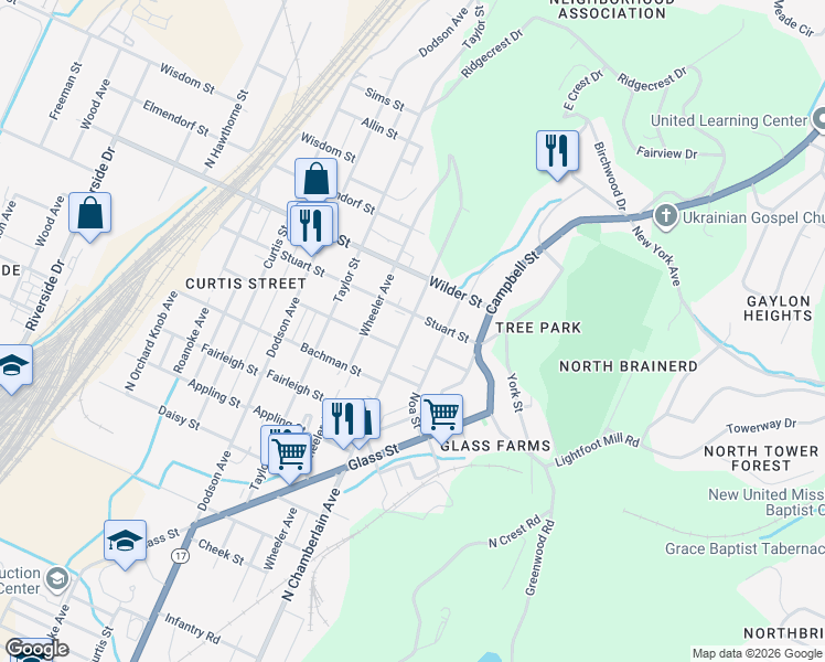 map of restaurants, bars, coffee shops, grocery stores, and more near 2912 North Chamberlain Avenue in Chattanooga