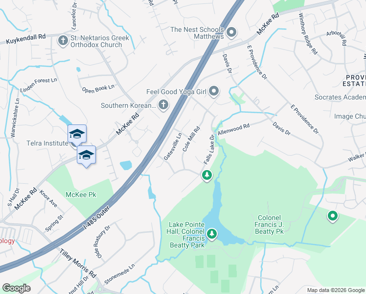 map of restaurants, bars, coffee shops, grocery stores, and more near 6310 Gatesville Lane in Charlotte