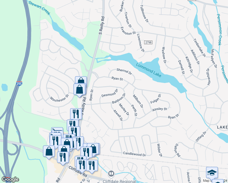 map of restaurants, bars, coffee shops, grocery stores, and more near 306 Desmond Drive in Fayetteville