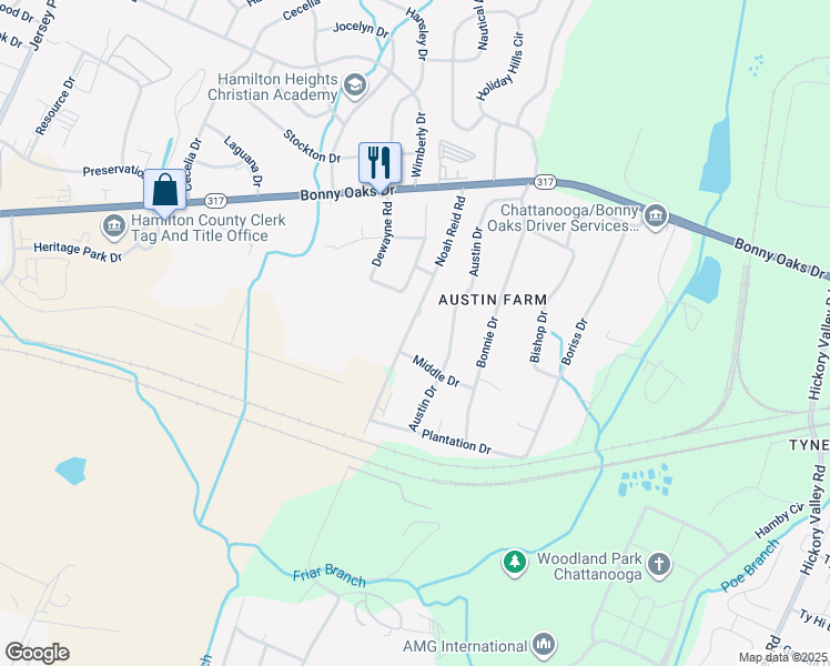 map of restaurants, bars, coffee shops, grocery stores, and more near 7604 Noah Reid Road in Chattanooga