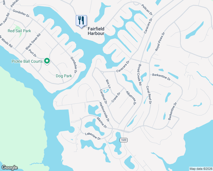 map of restaurants, bars, coffee shops, grocery stores, and more near 6114 Ibis Lane in New Bern
