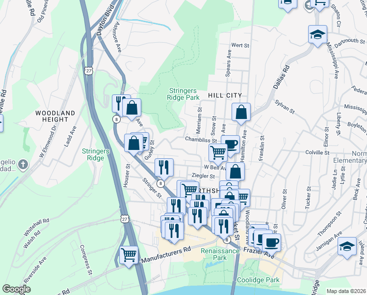 map of restaurants, bars, coffee shops, grocery stores, and more near 319 Pine Ridge Road in Chattanooga