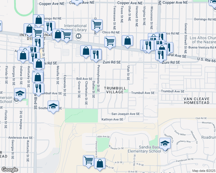 map of restaurants, bars, coffee shops, grocery stores, and more near 420 Pennsylvania Street Southeast in Albuquerque