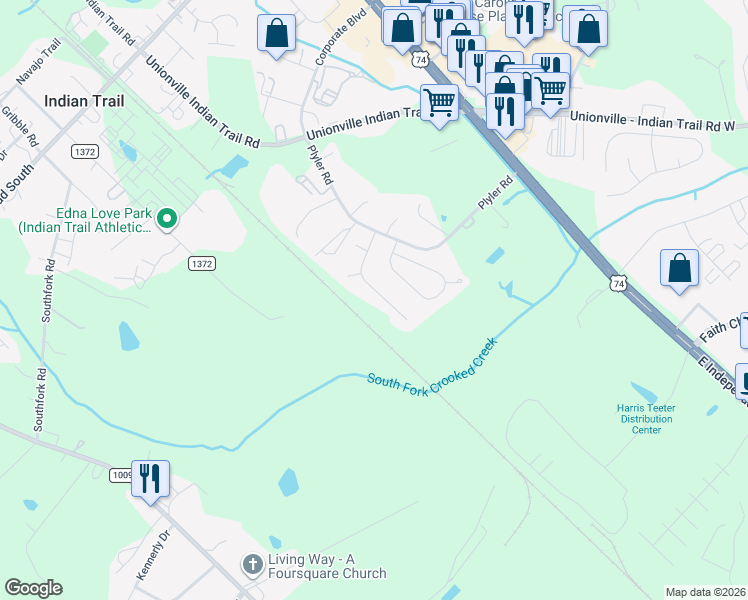 map of restaurants, bars, coffee shops, grocery stores, and more near 1019 Cranston Crossing Place in Indian Trail
