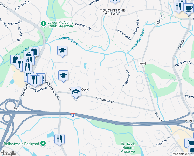 map of restaurants, bars, coffee shops, grocery stores, and more near 10408 Golden Leaf Court in Charlotte