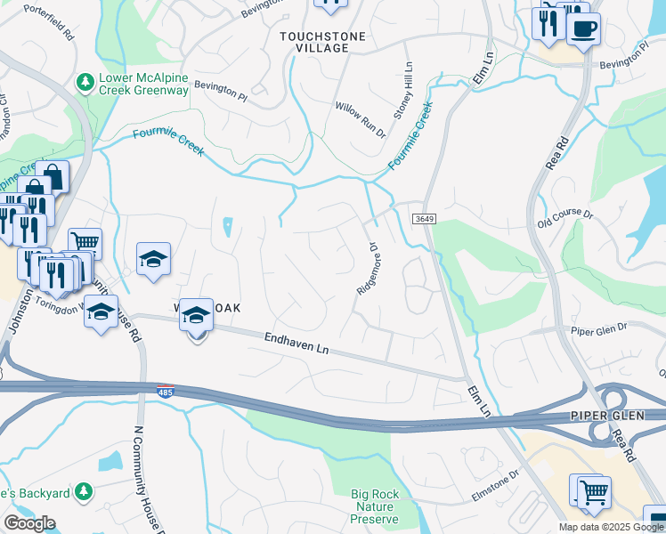 map of restaurants, bars, coffee shops, grocery stores, and more near 10032 Tealridge Lane in Charlotte