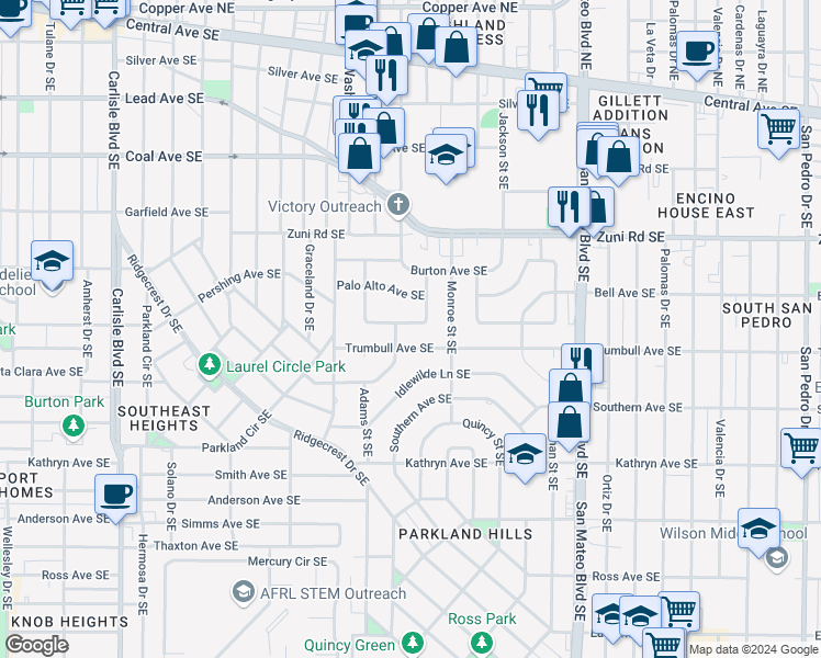 map of restaurants, bars, coffee shops, grocery stores, and more near 4708 Pershing Avenue Southeast in Albuquerque