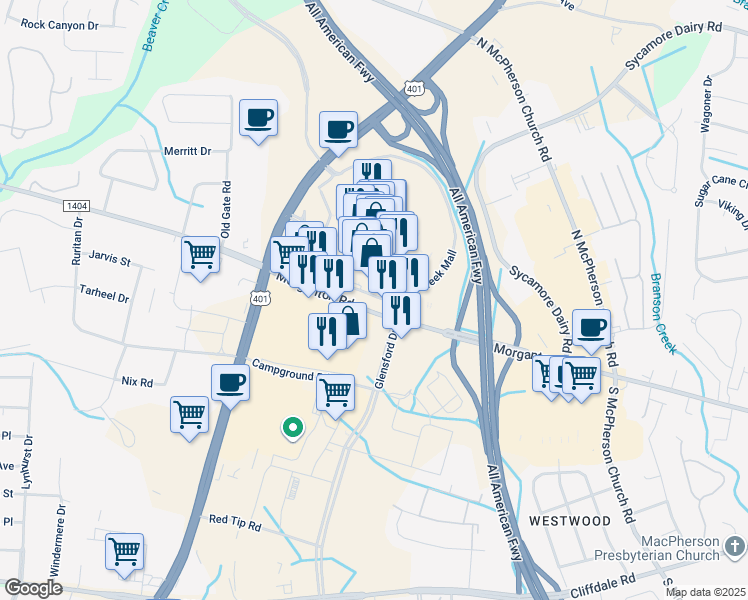 map of restaurants, bars, coffee shops, grocery stores, and more near 660 Cross Creek Mall in Fayetteville