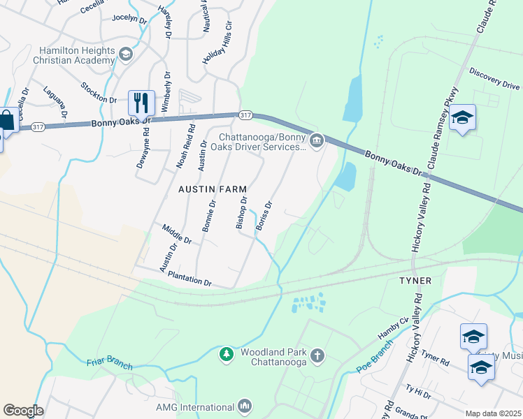 map of restaurants, bars, coffee shops, grocery stores, and more near 7617 Boriss Drive in Chattanooga