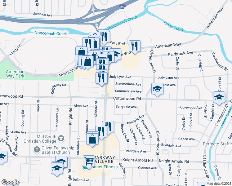 map of restaurants, bars, coffee shops, grocery stores, and more near 4779 Summerview Avenue in Memphis