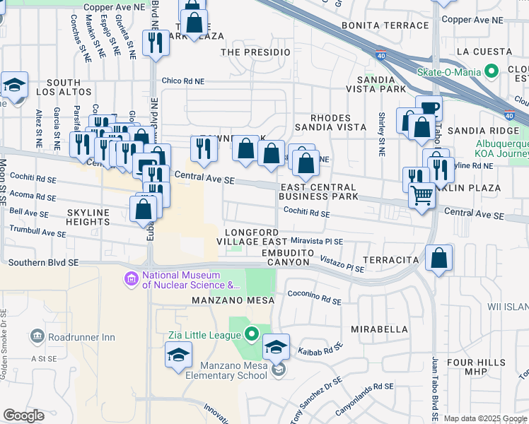 map of restaurants, bars, coffee shops, grocery stores, and more near 10910 Cochiti Road Southeast in Albuquerque