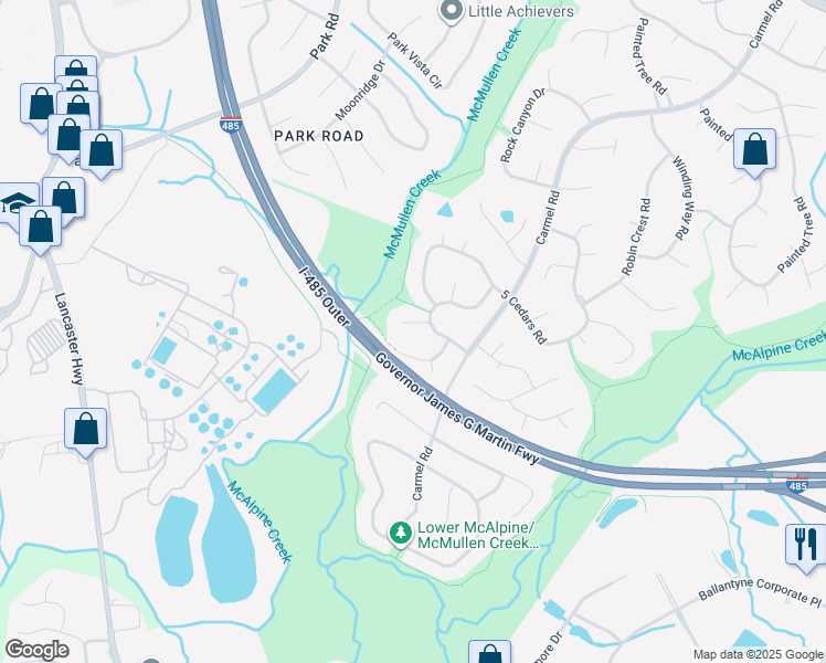 map of restaurants, bars, coffee shops, grocery stores, and more near 8209 Inverary Place in Charlotte
